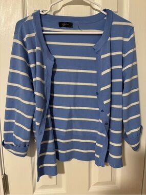 Light Blue & White Striped Women's Cardigan Sweater